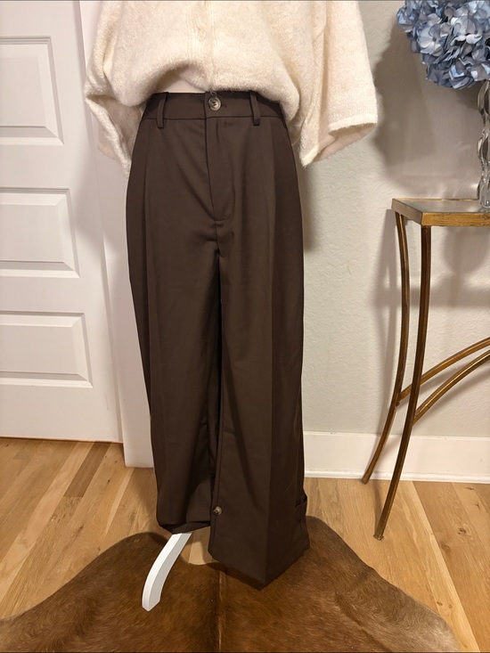 Commense Pants - Commense Classic Brown Wide-Leg women’s Trousers with button detail at the hem.
